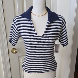 SONOMA BRAND WOMEN'S PETITE BLUE AND WHITE STRIPES SHORT SLEEVES SWEATER TOP PXS